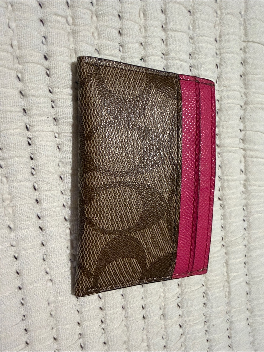 Coach Brown Signature Canvas Card Holder with Pink Accent - Picture 2 of 4